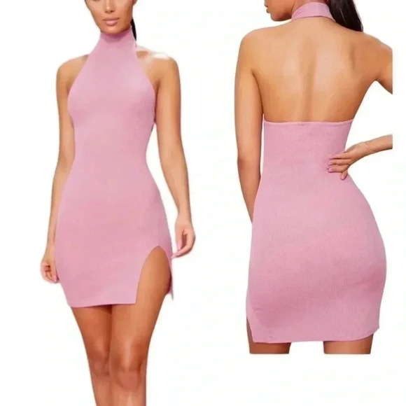 Pretty Little Thing Mauve Ribbed High Neck Split Detail Bodycon Dress - Picture 1 of 7